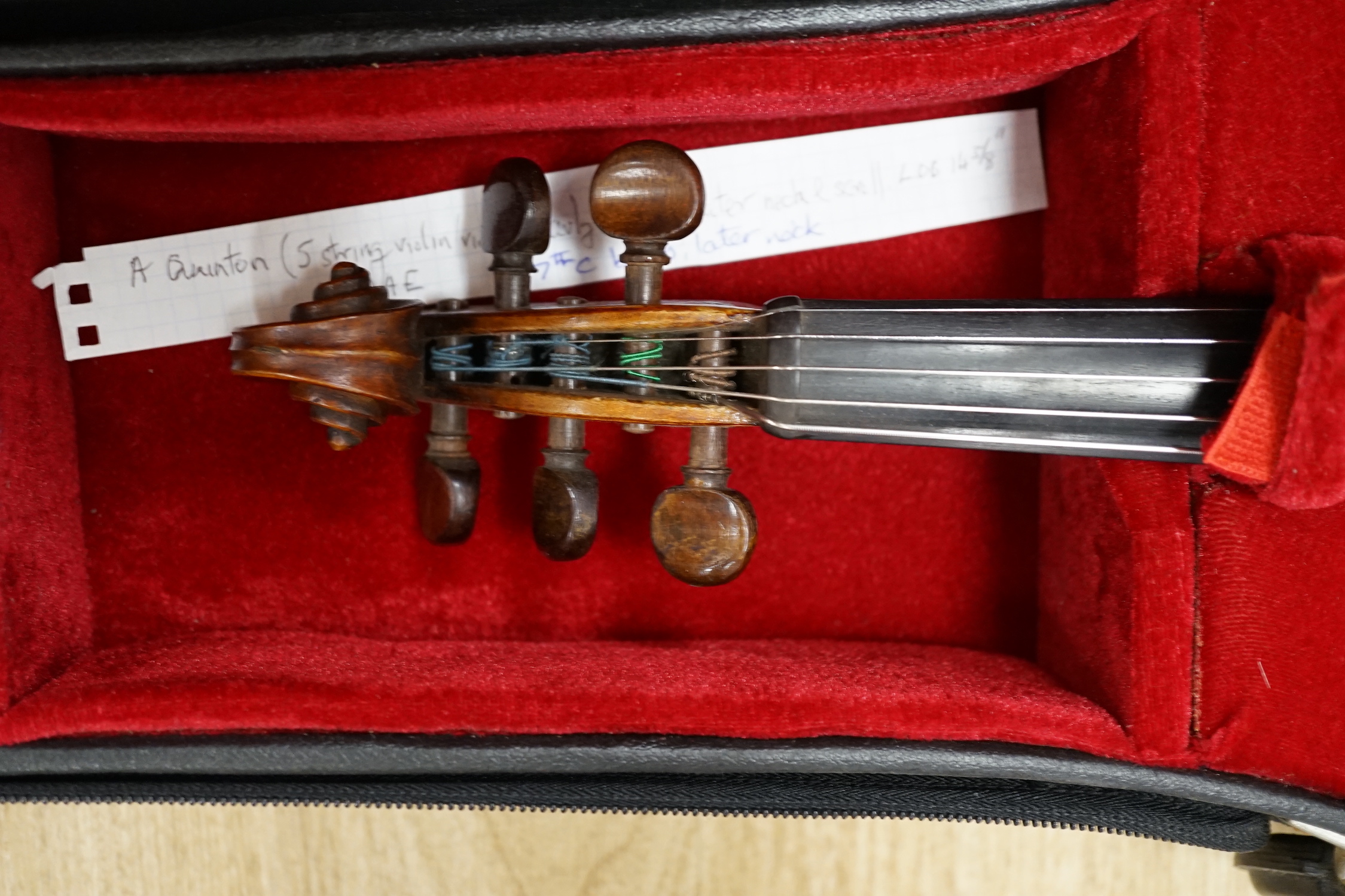 An unusual late 17th century and later cased Quinton (five string violin/viola), with early body with 18th/19th century neck and scroll, tuned for C, G, D, A, E, length of body 36.5cm, without bow